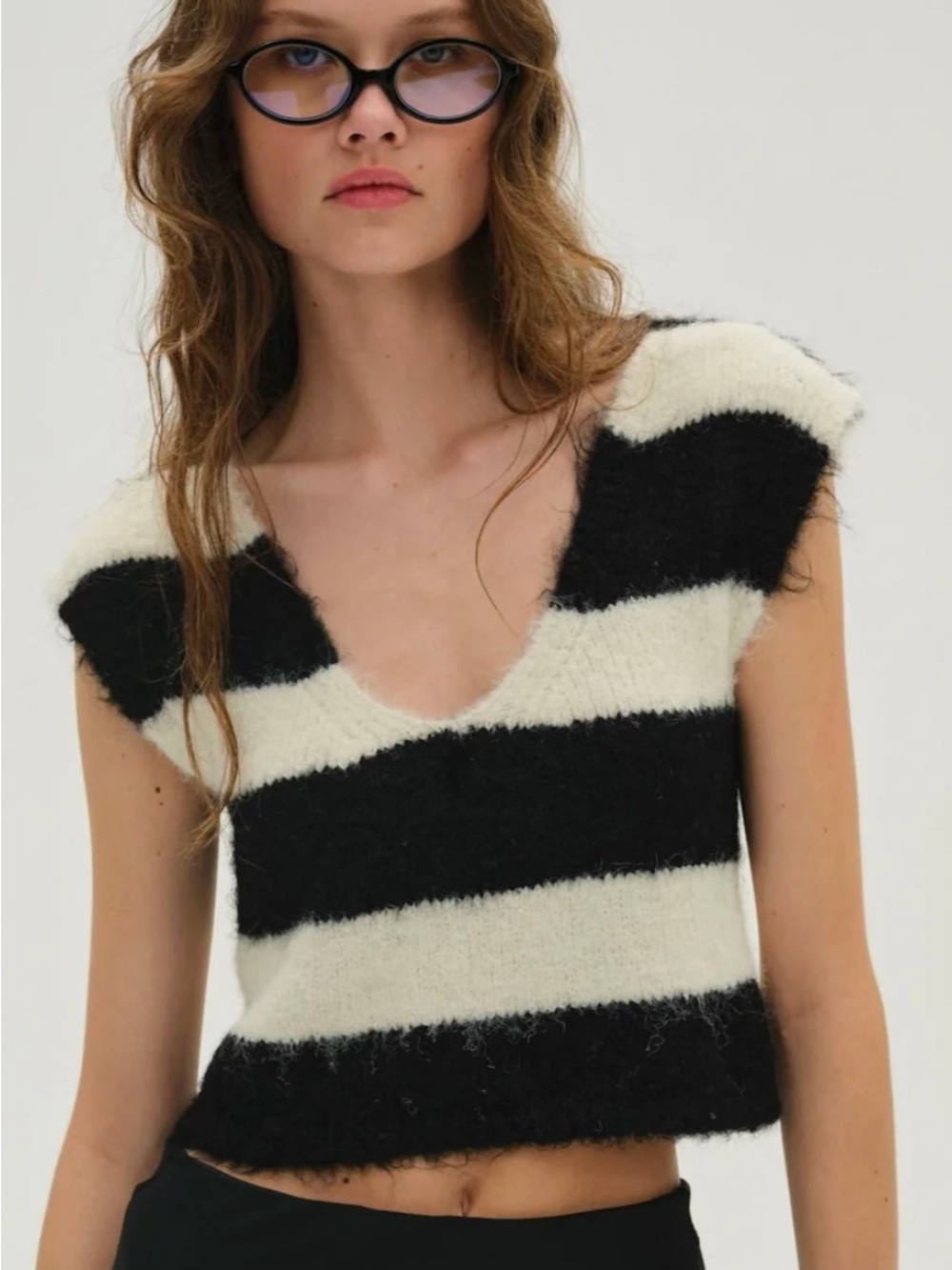 For Love & Lemons Meggy Cropped Black & White Striped Fuzzy V-Neck Sweater